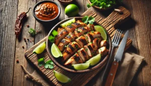 Grilled Chipotle Chicken served on a wooden board with lime wedges, fresh cilantro, and chipotle sauce – smoky, flavorful, and perfect for tacos or meal prep