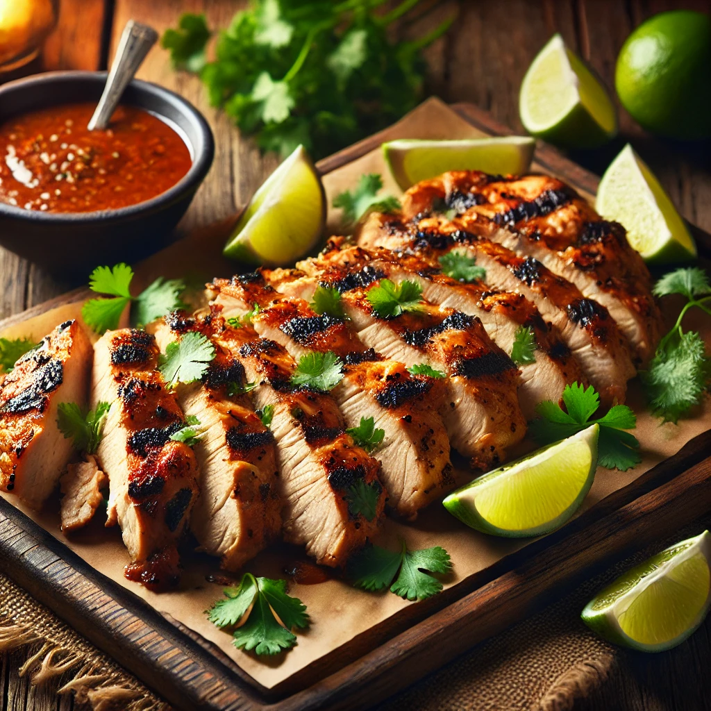 Grilled Chipotle Chicken served on a wooden board with lime wedges, fresh cilantro, and chipotle sauce – smoky, flavorful, and perfect for tacos or meal prep