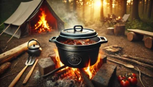 Cast iron Dutch oven over a campfire, surrounded by hot coals, with a hearty stew inside. A rustic outdoor setting with a tent and trees in the background